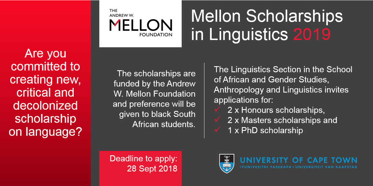 Funding opportunity: <a href="/MellonFdn/">Mellon Foundation</a> Scholarships in #Linguistics with a focus on #African Linguistic Diversity. More info: bit.ly/MellonUCTLing2…