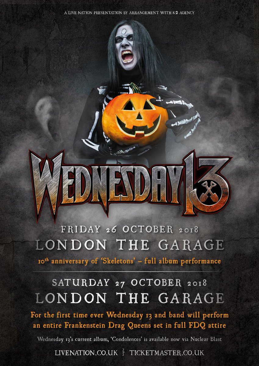 officialwed13's tweet image. We are set to play two nights at London’s @TheGarageHQ this October 26th &amp;amp; 27th. Skeletons album 10yr anniversary played in full. Next night W13 &amp;amp; band perform a full FDQ Horror Punk set in full FDQ attire!
 
Live Nation Presale starts 10am Thursday 👉 livenation.uk/n8zm30lnFYc