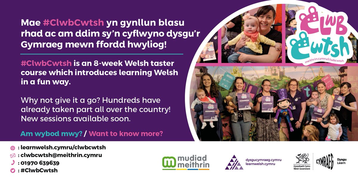 MudiadMeithrin (@mudiadmeithrin) on Twitter photo Mae #ClwbCwtsh yn berffaith fel ffordd o ddechrau dysgu #Cymraeg - mae'n gwrs 8 wythnos o hyd, mae'n rhad ac am ddim, caiff plant ddod ac mae'r pwyslais ar gael #hwyl tra'n dysgu. Wyt ti'n adnabod unrhyw un allasai elwa?
@learncymraeg #yagym <a href="/ashokahir/">Ashok Ahir</a> <a href="/TyddynPorffor/">Tyddyn Porffor</a> Mae #ClwbCwtsh yn berffaith fel ffordd o ddechrau dysgu #Cymraeg - mae'n gwrs 8 wythnos o hyd, mae'n rhad ac am ddim, caiff plant ddod ac mae'r pwyslais ar gael #hwyl tra'n dysgu. Wyt ti'n adnabod unrhyw un allasai elwa?
@learncymraeg #yagym <a href="/ashokahir/">Ashok Ahir</a> <a href="/TyddynPorffor/">Tyddyn Porffor</a>