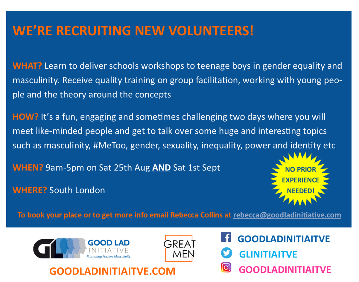 JOIN US! We've got places available on our next volunteer training on 25th Aug &amp; 1st Sept (you must be available for both days). Learn how to deliver fun schools workshops to teenage boys on masculinity, gender &amp; equality. Email rebecca@goodladinitiative.com to book your place