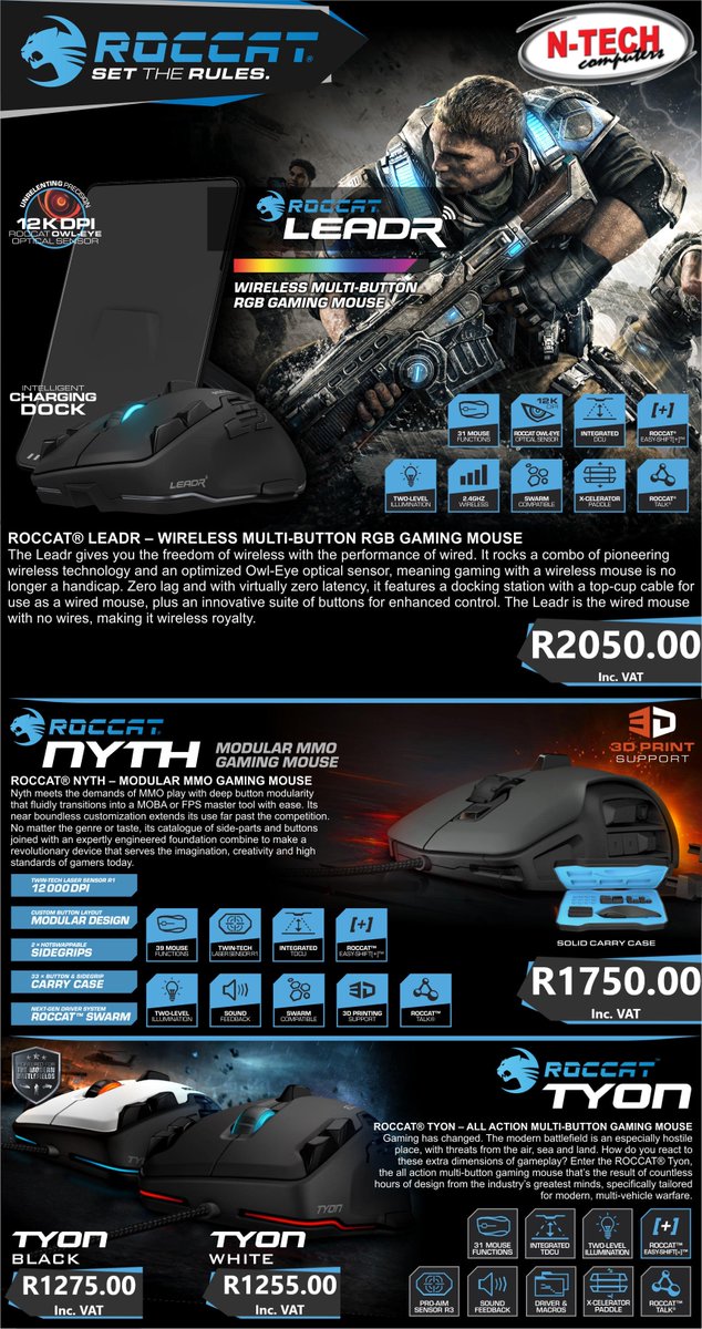 NTechComputers's tweet photo. Aim your way to the top of the leader boards with these insane monsters  from #Roccat! With so many extra macro buttons and precise handling you  cannot go wrong! 
Call us on 087 822 1887 or email us at sales@n-tech.co.za to claim yours! 
All prices include VAT. #NtechComputers https://t.co/RuEMPQvlE4