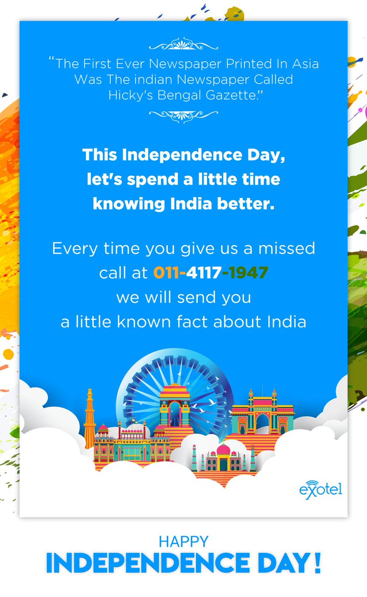 This independence day, spend a little time to #KnowIndia better? Give us a missed call on 011-4117-1947 to get a little-known fact about our country. Every missed call will get you a new fact. If there is a fact that you think we should include, reply to us. RT to spread the word