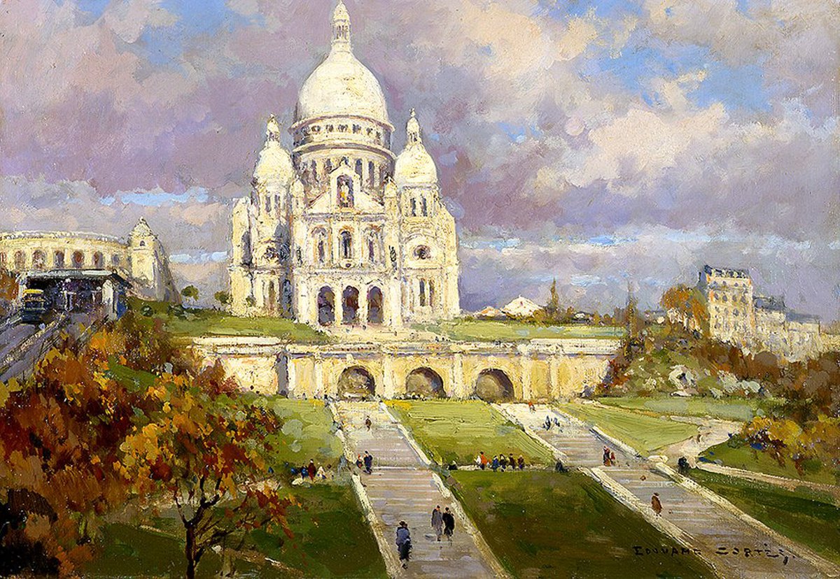 bernimora17's tweet photo. 382. “Sacré Coeur”, 1935, de Édouard Cortès. La conocidad imagen blanca de la Basílica del Sagrado Corazón de París destaca sobre un cielo de nubes violetas. A la izquierda aparece el funicular de Montmartre tras unos árboles de colores otoñales.
#edouardcortes #sacrecoeur https://t.co/lIalyEr6N4
