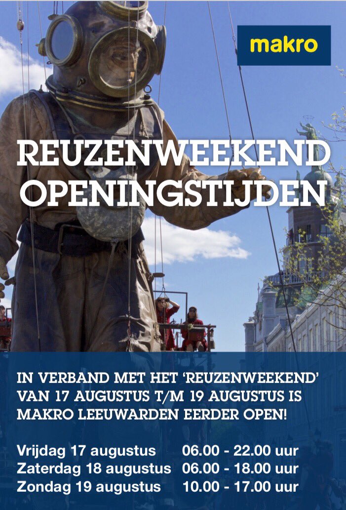 Reusachtige openingstijden! 

Aankomend weekend zijn we eerder open i.v.m.  alle festiviteiten. 
Profiteer van deze momenten om op tijd te bevoorraden!
