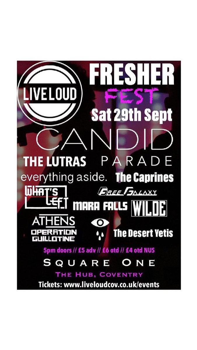MaraFalls's tweet image. £3 early bird tickets now available for Freshers Fest... and first 10 people to buy tickets get their first drink paid for on the night. Get involved, 29th Sept is gonna be a banger. Nice one @LiveLoudCov. #shamelesspromoover #livemusic #covmusic