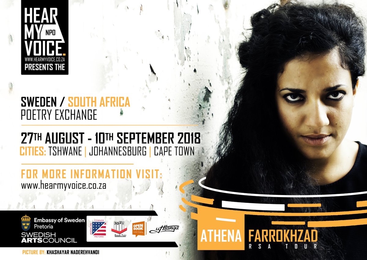 Phase 2 of the #SE_SA Poetry exchange is upon us. 

from the 27th August - 10th September we host Iranian Swedish Poet Athena Farrokhzad in Tshwane, Johannesburg and Cape Town

more information available soon.
@kulturradet @SwedeninSA @uHlangaPress @OpenBookFest @Jozibookfair