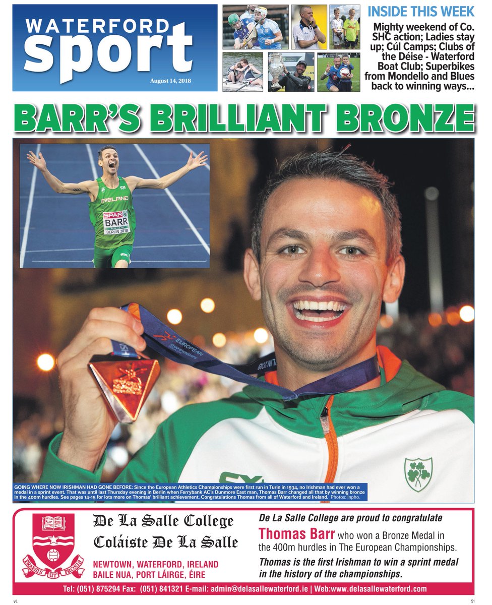 We salute <a href="/TomBarr247/">Thomas Barr</a>'s Euoprean bronze medal glory in today's <a href="/WaterfordSport/">Waterford Sport</a> in shops now in the <a href="/WaterfordNS/">Waterford News&Star</a>. Plus: a brilliant weekend of Co. SHC action; <a href="/WaterfordBC/">Waterford Boat Club</a> in Clubs of the Déise; Superbikes from Mondello; <a href="/WaterfordFCie/">Waterford FC</a> back to FAI Cup winning ways &amp; so much  more