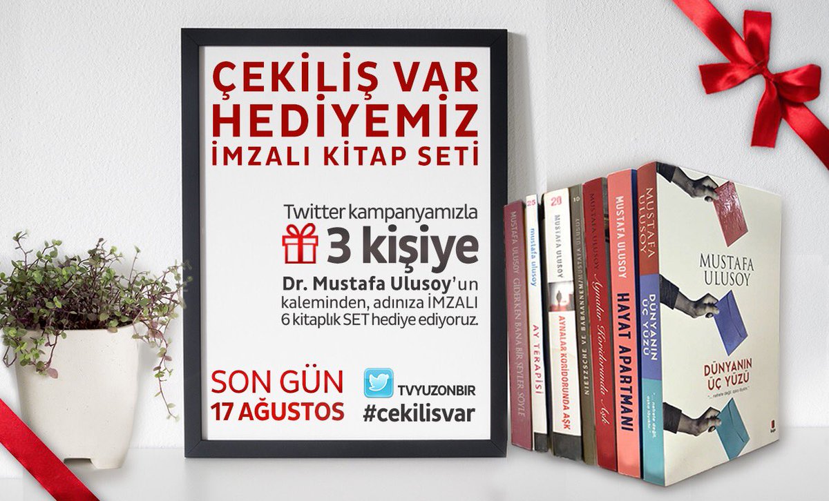 tvyuzonbir's tweet photo. 📣DİKKAT ÇEKİLİŞ VAR 📕
📚 İMZALI KİTAP SETİ 📚  Bu tweeti RT yapan ve @tvyuzonbir twitter hesabımızı takip eden 3 KİŞİYE Dr. @Mustafa_Ulusoy ’un kaleminden, adınıza İMZALI 6 kitaplık SET hediye ediyoruz.
Son gün 17 Ağustos #cekilisvar https://t.co/CwtHErDUPp