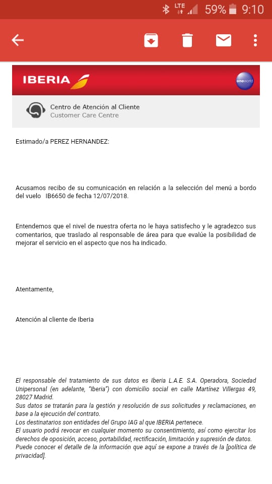 AleP54's tweet photo. @Iberia ¿Para esto hago una reclamación? ¿Qué tipo de trato dais a los clientes que siempre viajamos con Iberia varias veces al año? Me parece una tomadura de pelo 😡 https://t.co/WdPxD4RXOl