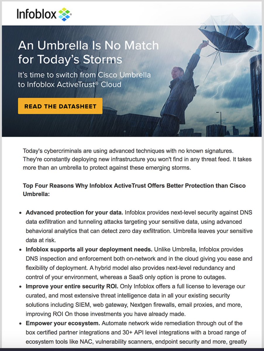 davidu's tweet image. Wow, this is just embarrassing marketing from @Infoblox. My advice – make your product effective and competitive instead of resorting to false FUD tactics.