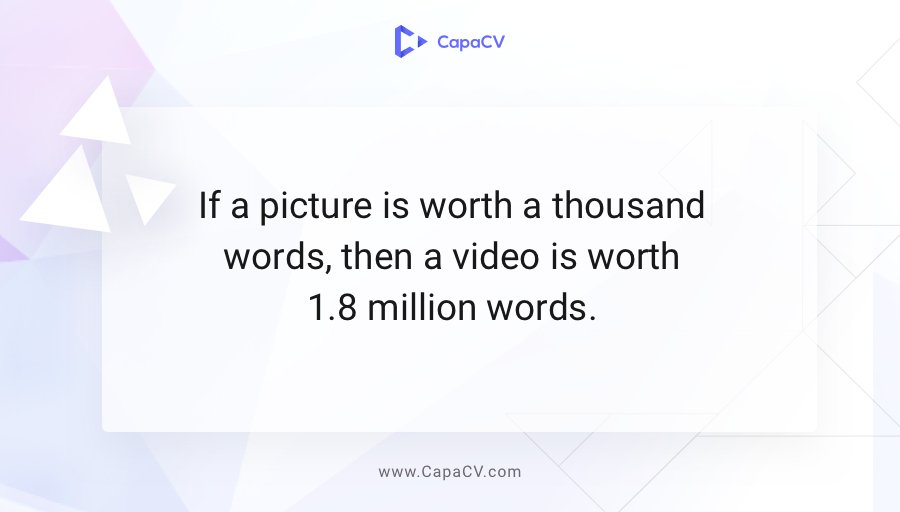 CapaCv's tweet image. 1 picture = 1,000 words. Video shoots at 30 frames per second. Thus, 1 second of video = 30,000 words. 30,000 words x 60 seconds = 1.8 million.

#jobsearch #jobhunt #jobopening #hiring #nowhiring #resume #job #jobs #careers #employment #hr #humanresources #digitalcv