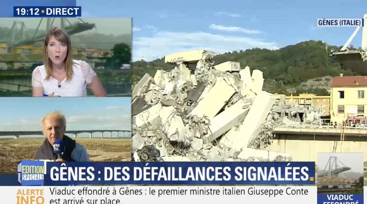 GillesKLEIN's tweet photo. 🇫🇷 Cruelle et dérisoire séquence où Gérard Feldzer (ancien pilote d’Air France)  transformé en «consultant transport» de BFMTV donne son avis d'expert sur la chute du pont comme s’il était ingénieur des ponts et chaussées (sur fond de pont bien sûr c’est + crédible) https://t.co/u5zUcPAaLd