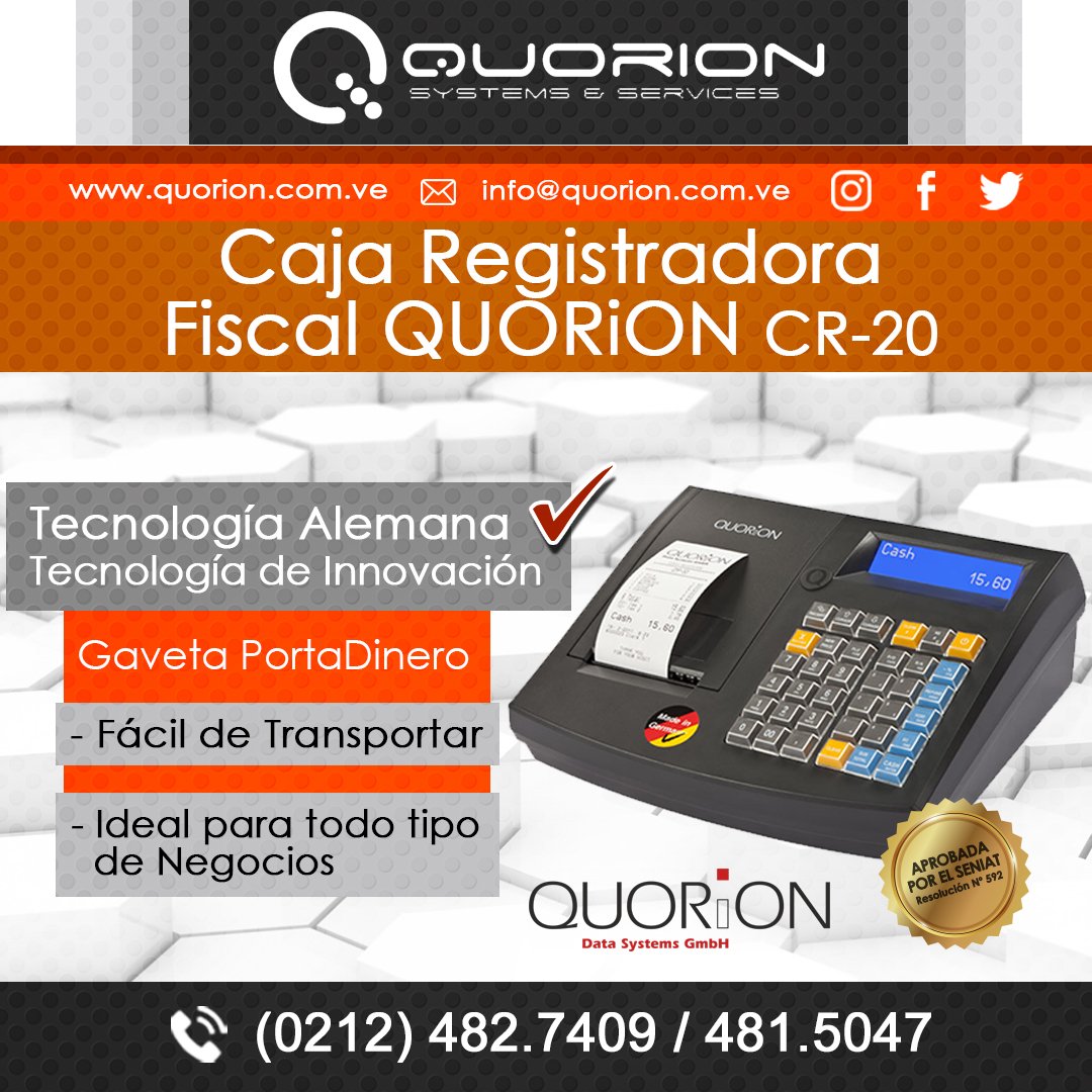 quorion_ss's tweet photo. Contacte con su Ejecutiva de Ventas
Caja Registradora Fiscal QUORiON, modelo CR20
Aprobada por el SENIAT, Providencia 0592
Telf: 0212 482.7409 / 0212 515.4042
https://t.co/Rc8hkih2UF
#maquinafiscal #impresorafiscal #registradorafiscal #rollostermicos https://t.co/29iW8gGcKc