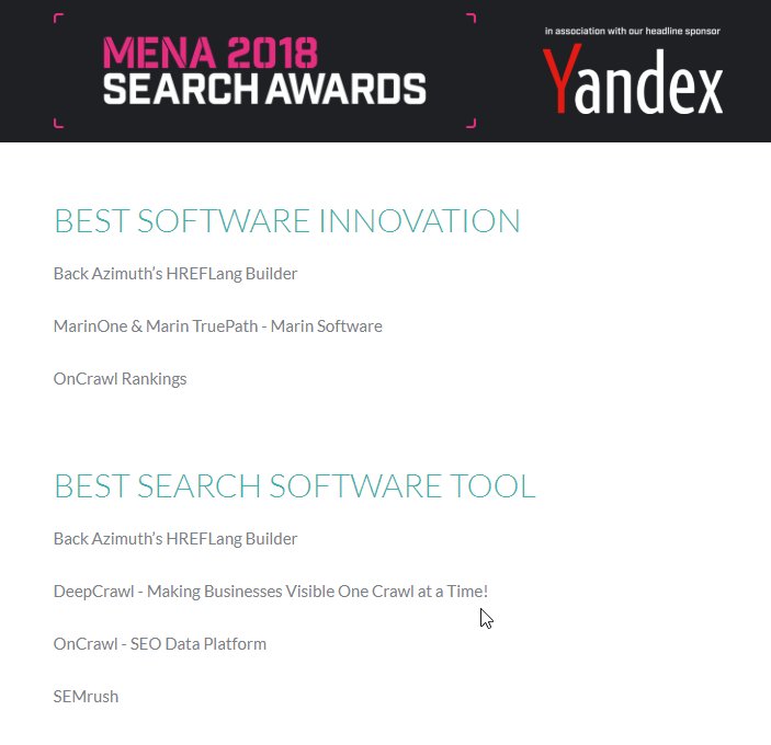 BackAzimuthCo's tweet image. Always an honor to be nominated for your work, along with so many amazing and talented companies. We made the short list with HREFLangbuilder at the #menasearchawards! #Globalization #globalseo #seo #SearchEngineOptimization #hreflang