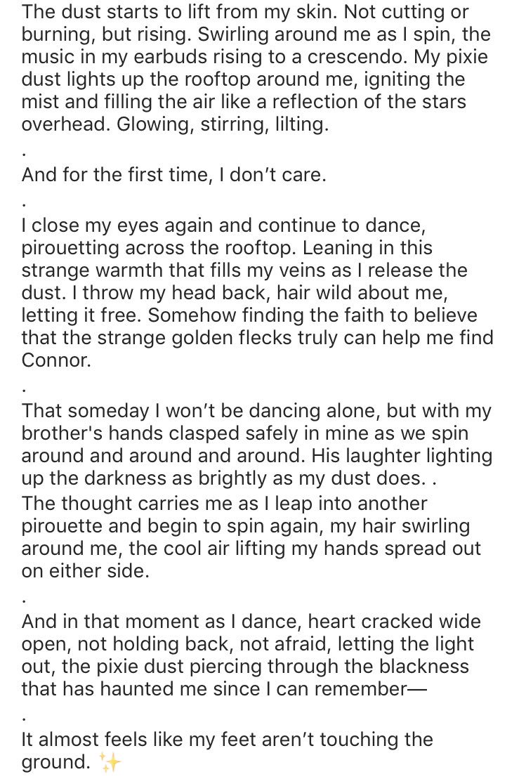 Psssttt in honor of reaching 86,000 words on my #peterpanretelling I’m posting a little snippet! Check out this sneak peek of my main female character, Claire, finally letting her magic loose as she dances... ✨💙✨