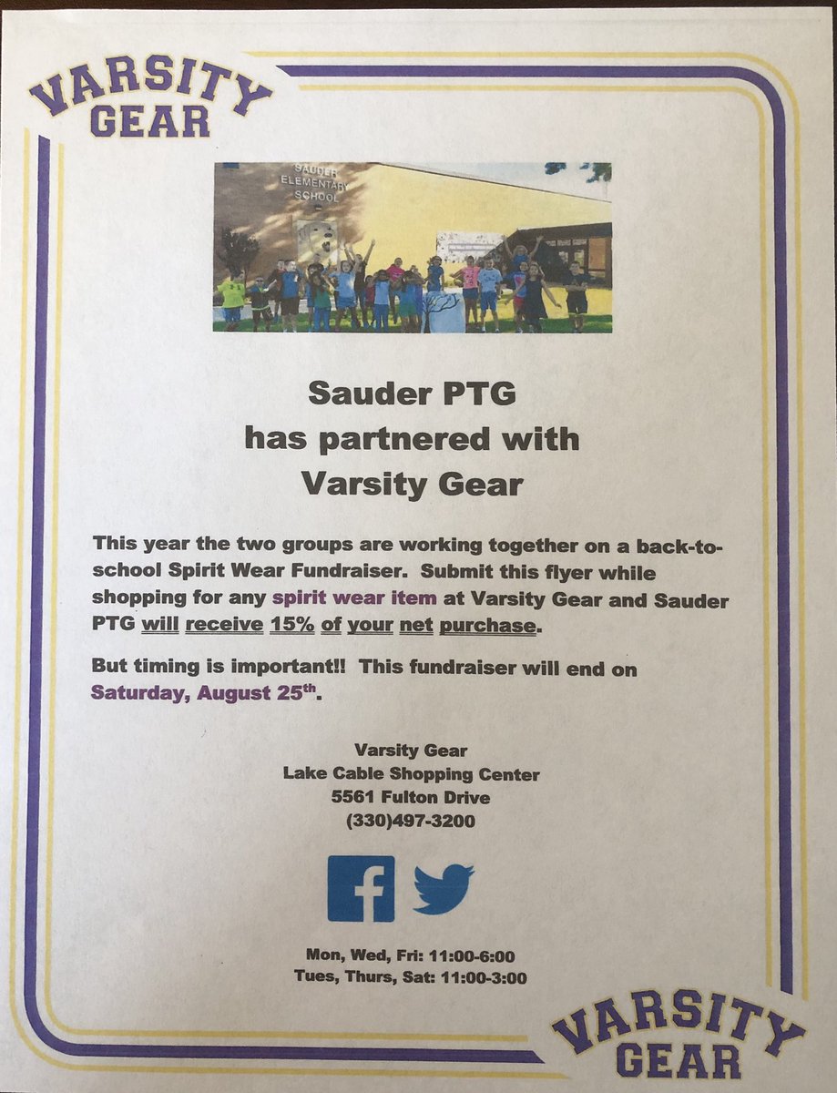 Varsity_Gear's tweet photo. Varsity Gear is offering a donation as part of a back-to-school Spirit Wear Fundraiser. Submit your schools flyer while shopping for any spirit wear item and your school will receive 15% of your net purchase. This fundraiser will end August 25th. #FirstStringStuff #BackToSchool https://t.co/gLHwY68xJl