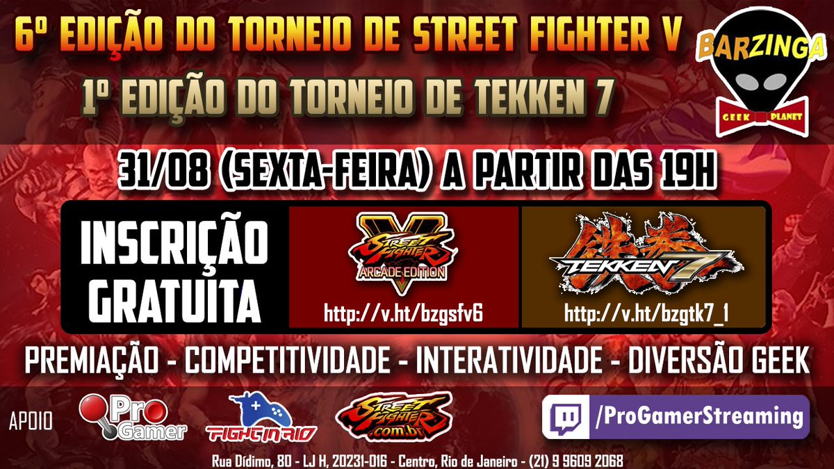 ProGamerESports's tweet photo. Bom dia, Gamers!
No final do mês, dia 31, será realizada a 6º  edição do TORNEIO DE STREET FIGHTER V e a tão aguardada 1º edição do  TORNEIO DE TEKKEN 7 no @barzingagplanet Geek Planet.  Convidamos a todos vocês a estarem presentes conosco! https://t.co/0vbUzNV08u