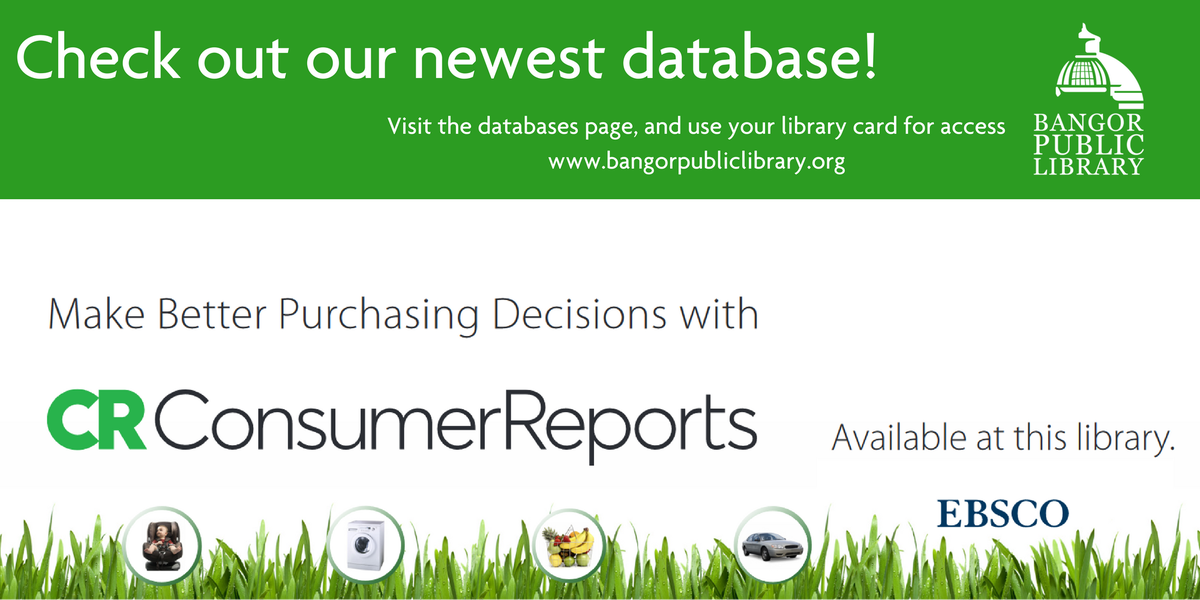 bangorlibrary's tweet photo. We really couldn't be more excited to announce the newest addition to our databases! With your Bangor Public Library card you now have access to @ConsumerReports for free. You can find it here: https://t.co/kF7TukoYGD #consumerreports #allthereviews #itreallyisfree #heybangor https://t.co/IVwyv7RLXR