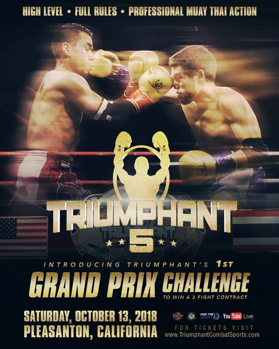 Triumphant_MTS's tweet photo. SAVE THE DATE!!! 😃🙌🏽
Saturday, October 13th in Pleasanton, CA
This SUPER-STACKED card is going to feature Triumphant’s very 1st Grand Prix Challenge, where 4 Fighter’s will vie for a 3-Fight Contract!
#MuayThai #T5 #FightShow #FullRules #TitleFights #TRIUMPHANT https://t.co/P1k7ykJfKT