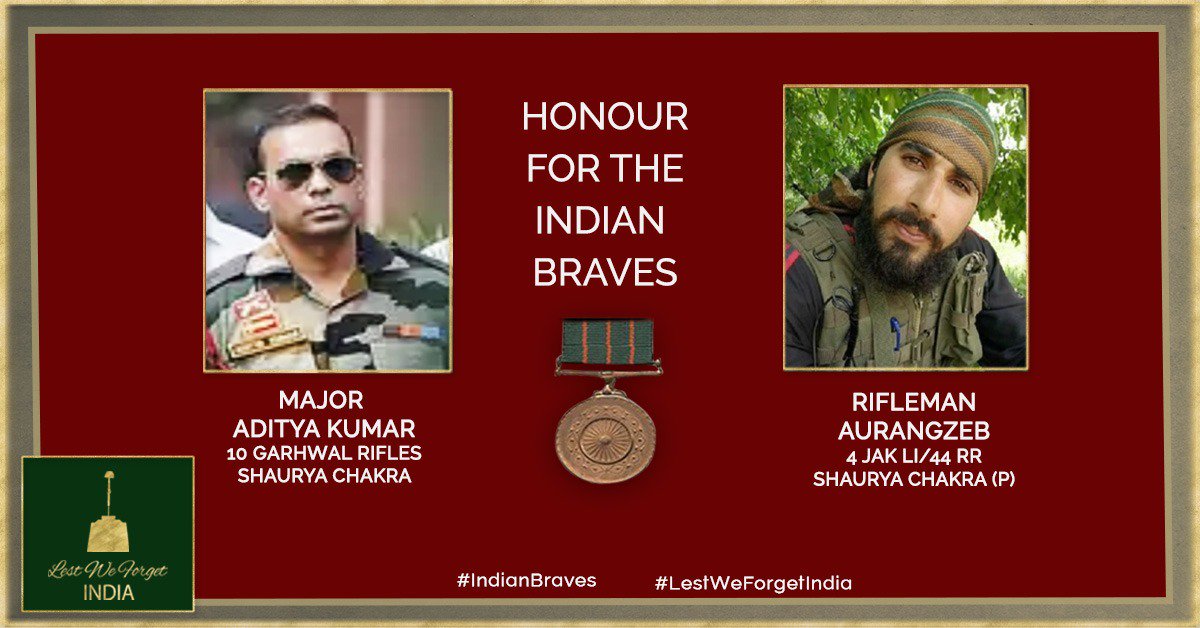 Our salute to the #IndianBraves to be honoured with #ShauryaChakra - among them - Major Aditya Kumar, 10 Garhwal Rifles, and Rifleman Aurangzeb (Posthumous) 4 JAK LI/ 44 Rashtriya Rifles #LestWeForgetIndia🇮🇳 their service to the Nation. @adgpi