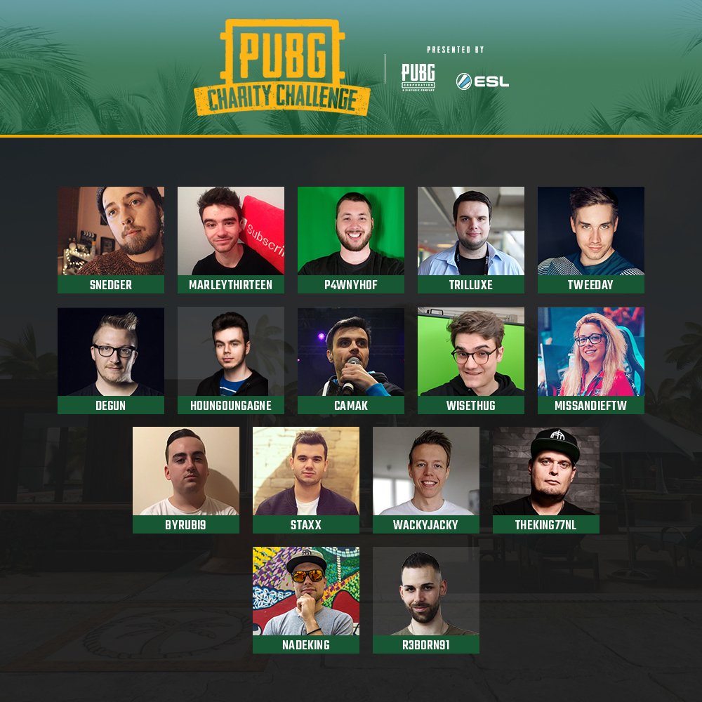 #Gamescom2018 is right around the corner and so is the <a href="/PUBG/">PUBG: BATTLEGROUNDS</a> Charity Challenge! #PUCC

32 influencers &amp; 32 qualified players will join the battlefield from August 23-25.
And we're ready to unveil the first 16 confirmed influencers!

See you at <a href="/gamescom/">gamescom</a>. 👋