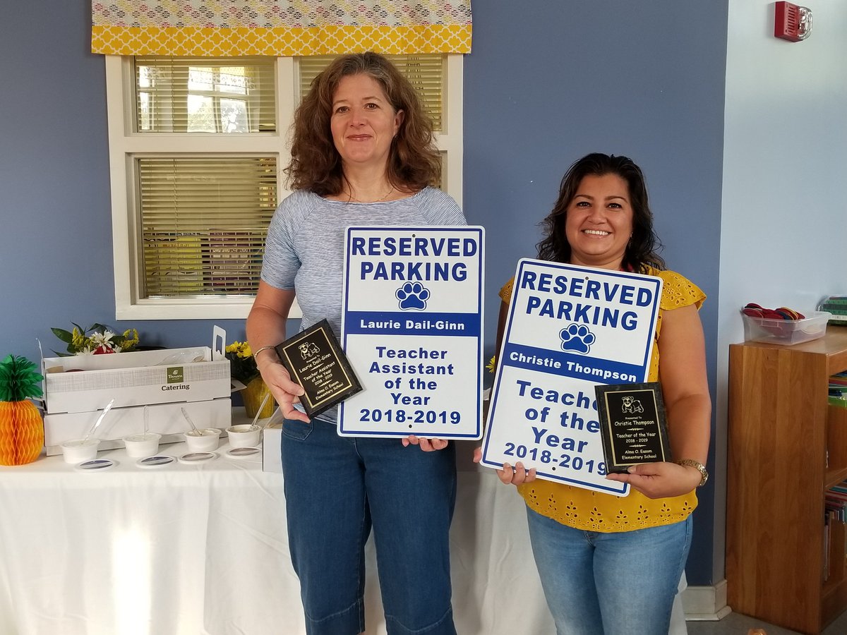 Our Teacher and Teacher Assistant of the Year!! Celebrated them with a breakfast this morning. Look out, they get to pick their parking spot!!