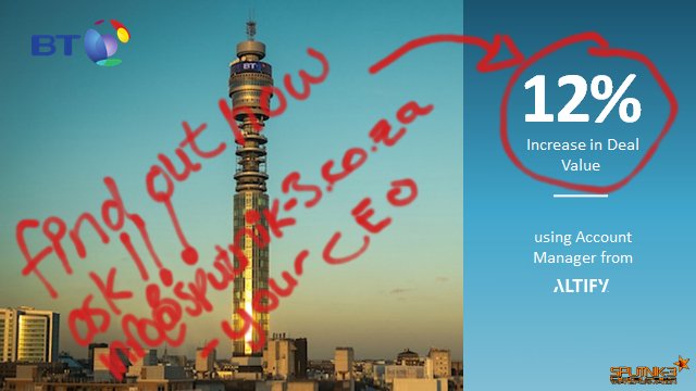 SPUTNIK3CCS's tweet photo. Ask info@sputnik-3.co.za how British Telecom increased their deal value by 12%...... #altify #salesforce #digitalsalestransformation #salesmethodology #saleseffectiveness #winrate #salesmanagement https://t.co/qJYCswbkNG