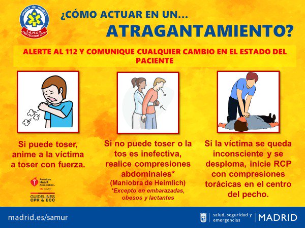SAMUR_PC's tweet photo. 🔴 ATRAGANTAMIENTO 🔴
     ⬇️⬇️⬇️⬇️⬇️⬇️⬇️⬇️

✔ ¿Cómo debemos actuar en caso de presenciar uno?
✔ ¿Cómo se hace la maniobra de #Heimlich?
✔ ¿Cómo debemos actuar si la víctima es obesa o está embarazada?
✔ ¿Y si es menor de 1 año👶?

Cada segundo cuenta ☎️ 112 https://t.co/vYGfL0mznn