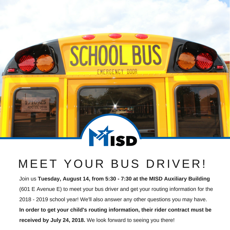 MidlothianISD's tweet photo. Join us tonight from 5:30 - 7:30 at the MISD Auxiliary Building (601 E Avenue E)  to meet your bus driver for the 2018 - 2019 school year! https://t.co/tmTISTiUtV