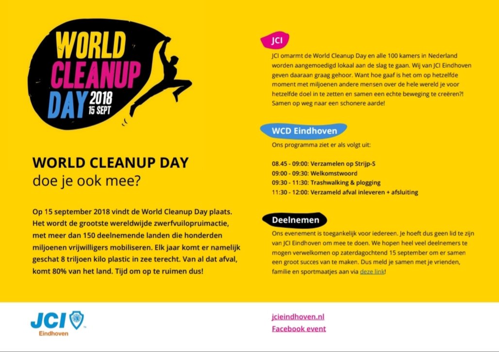 Heb jij je al aangemeld voor ons WCD-event op 15 september?! Samen op weg naar een schonere aarde! 🌍 Aanmelden kan via: jcieindhoven.easysginup.com 
#WorldCleanUpDay2018 #ditisJCI