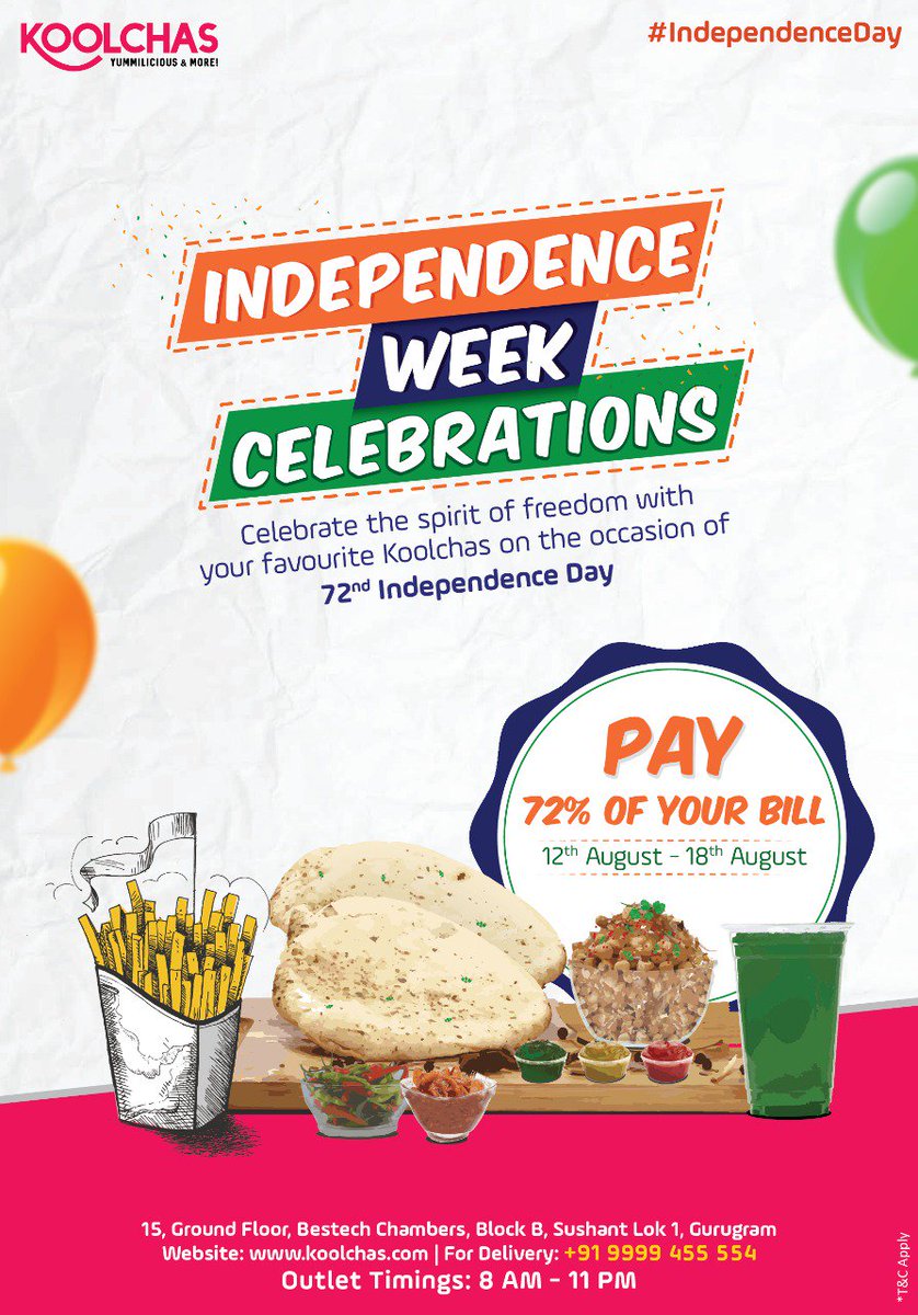 Koolchas01's tweet photo. #Koolchas is celebrating 72nd Year of Independence!
Join us for celebrations by availing our special #offer. For Delivery*, please call +91 99994 55554. #IndependenceDay
*T&C Apply - Delivery within 5 Kms radius. https://t.co/SjgskDDYDs
