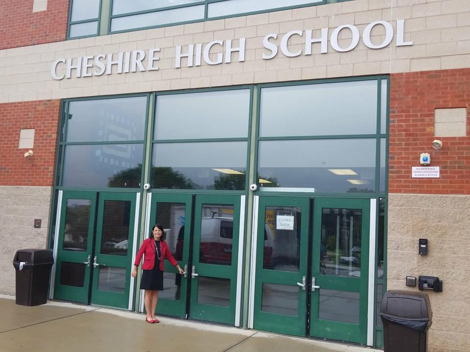 MaryGlassman's tweet photo. At Cheshire HS, students get an excellent education, with almost half taking AP classes. But that’s not enough. We need great schools everywhere. As First Selectman, I fought to make sure every kid in CT gets the education and opportunity they deserve. #CheshireCT #MaryOnTheMove https://t.co/lCL2FsVhxR