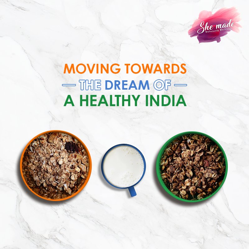 SheMadeFoods's tweet photo. A country with healthy citizens has the brightest future. We are moving towards making India healthy, are you? #HappyIndependenceDay #MakeAHealthyChoice https://t.co/vpnJB950kd