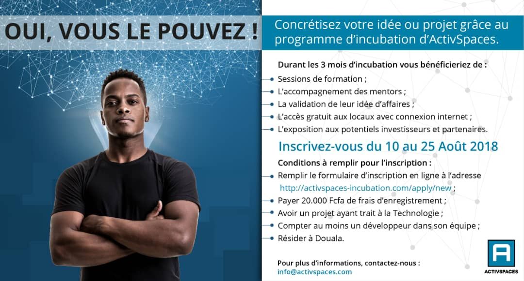 ActivSpaces's tweet photo. Inscrivez-vous du 10 au 25 Août 2018 pour avoir la possibilité de concrétiser votre idée ou projet grâce au programme d’incubation d’@ActivSpaces
Lien: https://t.co/g278TtDtzj
#Startups #Entrepreneurs #TransformYourIdea #Incubation https://t.co/wlldXfwzOl