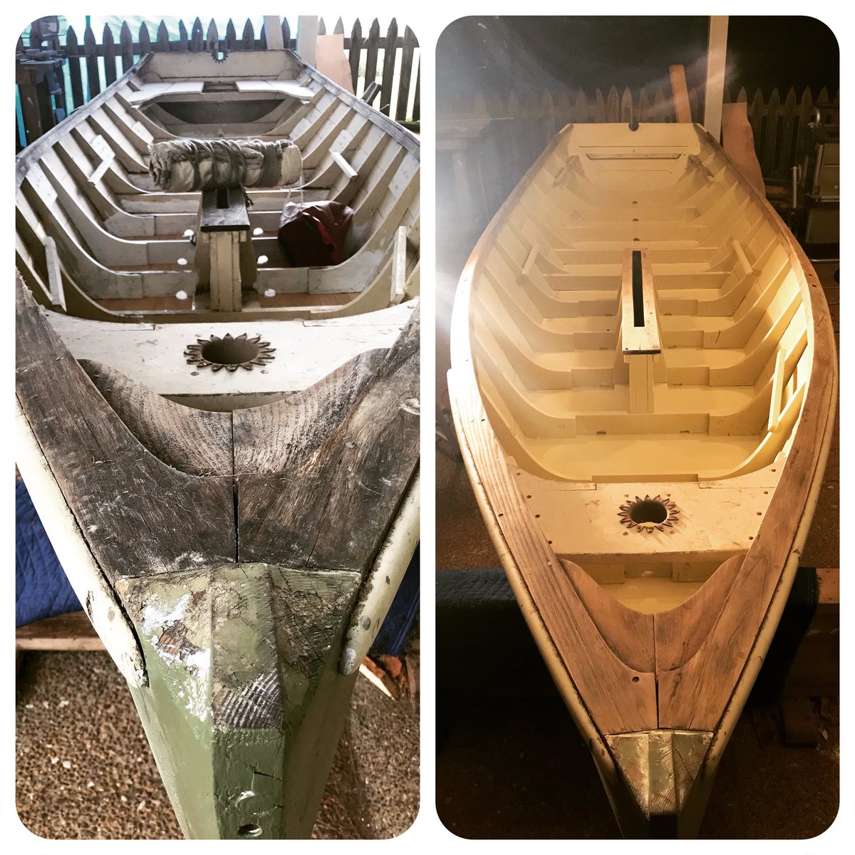 ChasingTwain's tweet photo. Left: Oxbow after being flipped over last week...
Right: Oxbow last night after sanding the caprails and painting the interior (first coat)...
•
#mississippiriver #chasingtwain #yawlboat #boatbuilding #traditionalboat #boatshop #rowboat #rowing #sailboat https://t.co/6RCR3098pd