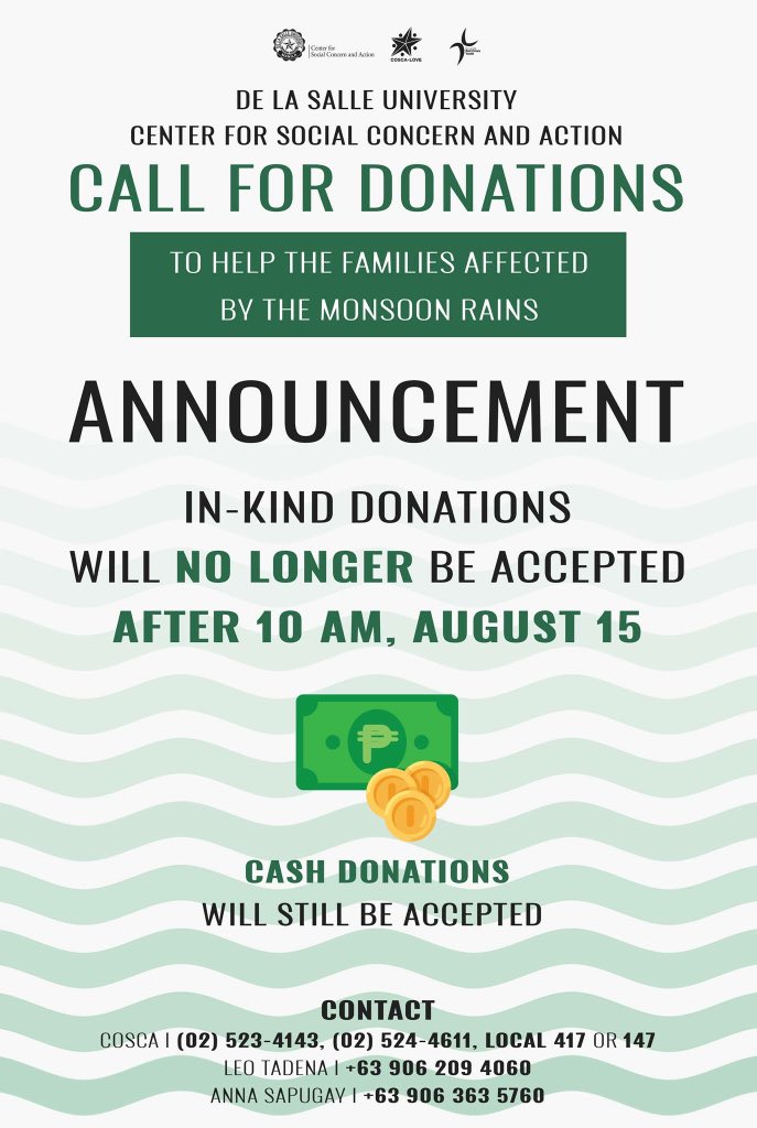 cosca_official's tweet photo. [ANNOUNCEMENT]

As the floods have already subsided and the situation in the affected communities now normalizing, by 10am - AUG. 15, 2018, we shall NO LONGER be accepting IN-KIND donations for affected families of the monsoon rains. https://t.co/c8aRK2hudu