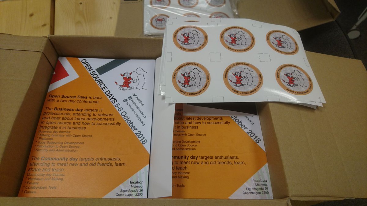 opensourcedays's tweet photo. Flyers and stickers have arrived!
We will bring a bunch to BornHack and Sommerhack #osd18 https://t.co/tuOaS2mBzw