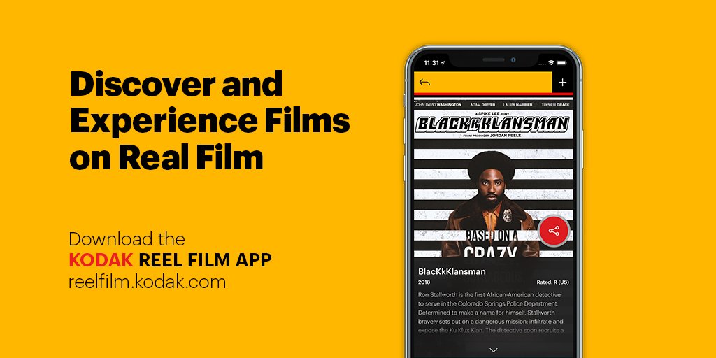 Use the @KodakReelFilm App to find showtimes for your favorite movies shot on film and projecting on film.

Find Spike Lee's #BlacKkKlansman at reelfilm.kodak.com/movie/44163