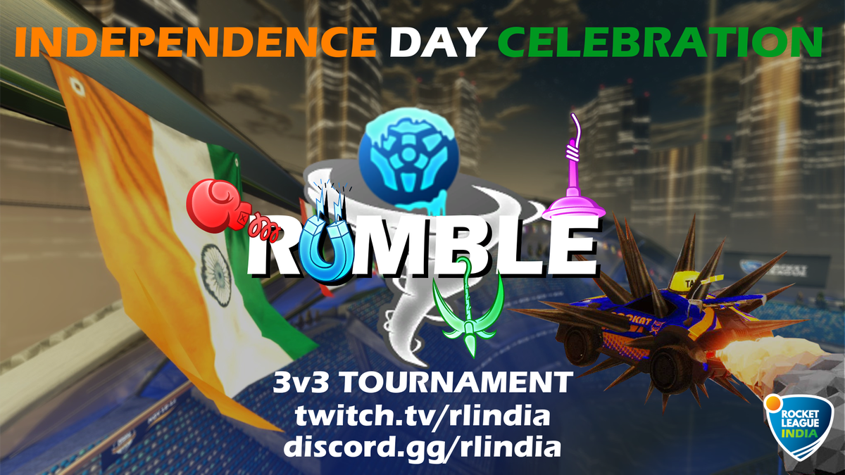 RLIndia_'s tweet photo. Tournament Alert!!!

Date:- 15th August 2018
Format:- 3 v 3, Single Eliminations
Time:- 1700 IST/1930 SGT/1230 BST
Prize Pool:-Donations
Registeration:- https://t.co/mELpZP2bR7
Matcherino:- https://t.co/orM9k3xmKd
Use the coupon code 72ind.
Join:- https://t.co/Idivsvx3wA https://t.co/diXO3HBA94