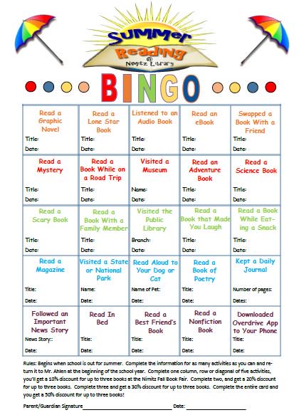 Nimitz MS Library (@nimitzmslibrary) on Twitter photo Summer's not over yet! Earn huge Bookfair discounts by playing Summer Reading Bingo <a href="/NimitzMSLibrary/">Nimitz MS Library</a> Find the bingo sheet at: tinyurl.com/y7sz8cke
<a href="/nimitzms_neisd/">NimitzMS_NEISD</a> <a href="/neisdLibrary/">NEISD Library Srvcs.</a> #nimitzms <a href="/EdTechBites/">Gabriel Carrillo</a> Summer's not over yet! Earn huge Bookfair discounts by playing Summer Reading Bingo <a href="/NimitzMSLibrary/">Nimitz MS Library</a> Find the bingo sheet at: tinyurl.com/y7sz8cke
<a href="/nimitzms_neisd/">NimitzMS_NEISD</a> <a href="/neisdLibrary/">NEISD Library Srvcs.</a> #nimitzms <a href="/EdTechBites/">Gabriel Carrillo</a>