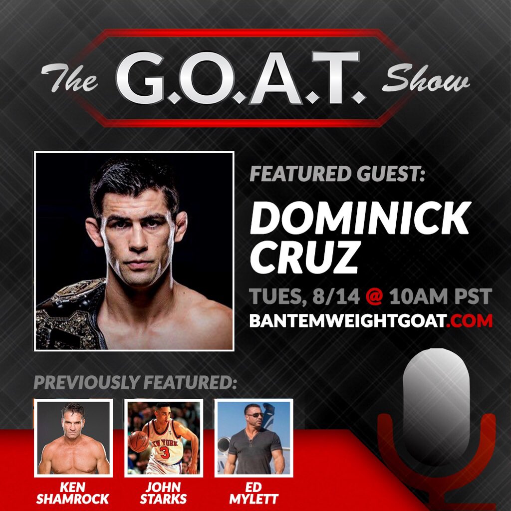 DominickCruz's tweet photo. ╳ I’m going live on the Goat Show at 10am PST. Tune in, it’s going to be great! https://t.co/uV0T93hhzO ╳
.
#DominickCruz #DomCruz #TeamCruz #CruzAlliance #UFC #MMA 
.
Snapchat | DomCruz619
Twitter | @DominickCruz
Web | https://t.co/0hAwOxEWI0 https://t.co/5nnX0PAbun