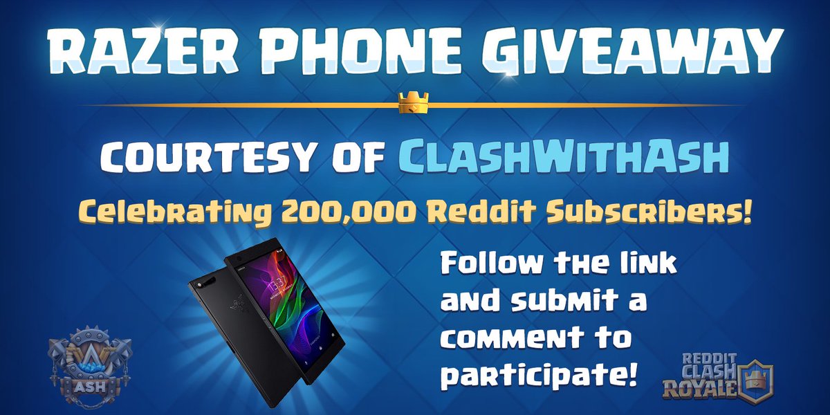 RedditCR's tweet photo. Today we've reached 200,000 subscribers on the @ClashRoyale subreddit! To help us celebrate, @Clash_with_Ash is giving away a @Razer Phone! Check out the Reddit post for more info! --> https://t.co/4VtoeRHarR

Also, 5 random people who Follow us + RT this will get 1,000 gems! https://t.co/wNlM9sII66