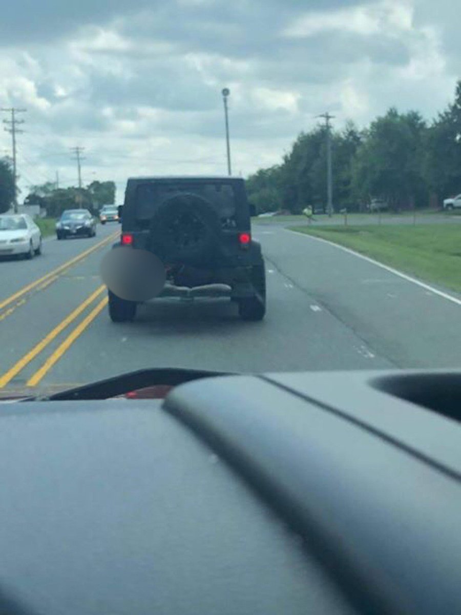 HuntersvillePD's tweet photo. We are aware of the below dog on the rear cargo carrier of a blue Jeep Wrangler and are actively investigating. Owner identified, but not located yet. If you see this vehicle, or the owner, or know its whereabouts, please contact police immediately. #HuntersvillePD #HelpLocating https://t.co/YaReWPJFda