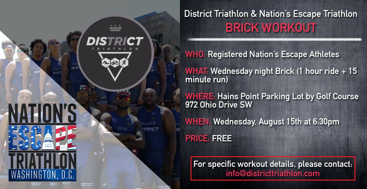 EscapeSeriesTri's tweet image. Reminder: For any Nation's Escape athlete in the DC area looking to get a workout in tonight, join @DistrictTri for their Wednesday night Brick workout! #escapeseriestri