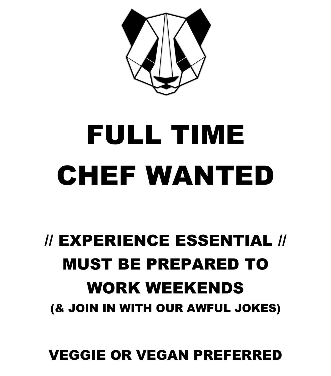 FULL TIME #CHEF VACANCY. Send CV's to grumpypandaltd@gmail.com. #Vegan/#vegetarian preferred 🌱
#job #jobvacancy #chefvacancy