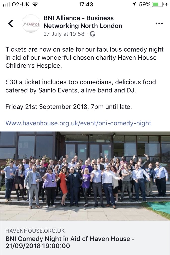 One of our local chapters is holding a comedy night in aid of charity. See details below @BniAlliance