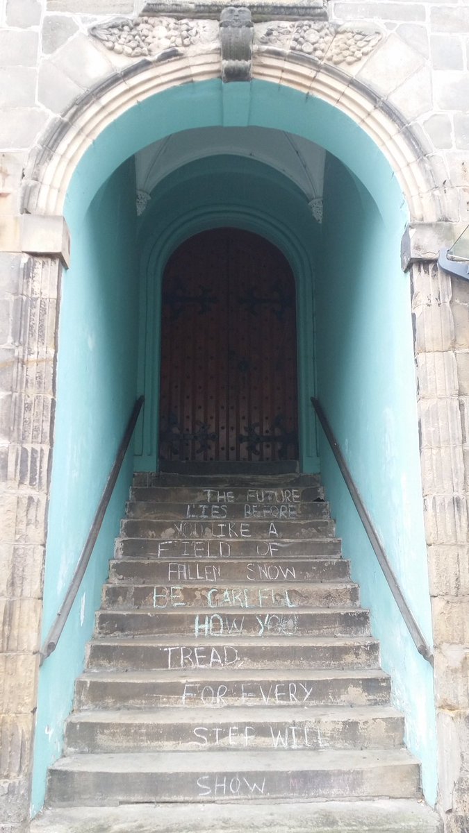 Gregory55438166's tweet photo. Found #poem on some steps in #Sterling #Scotland
"The future
Lies before
You like a
Field of 
fallen snow
Be careful
How you
Tread
For every
Step will
Show"
#poem #poetry https://t.co/Z062z5kTTd
