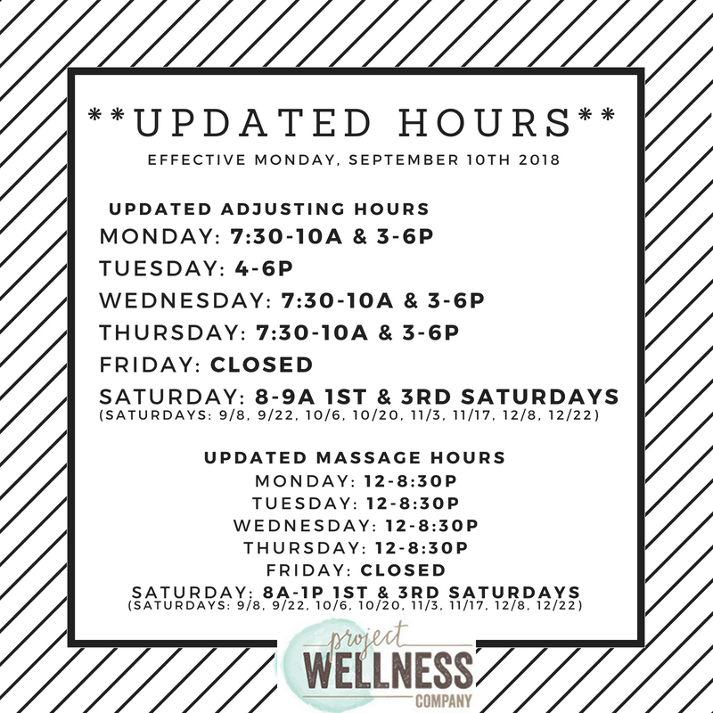 ProjectWellCo's tweet photo. Change is good! Effective Monday, September 10th we will be making some changes to our adjusting and massage hours!🗓️ Please take note of the NEW hours and let us know if you have any questions. We appreciate your flexibility during this transition. https://t.co/16xYCvBx4n
