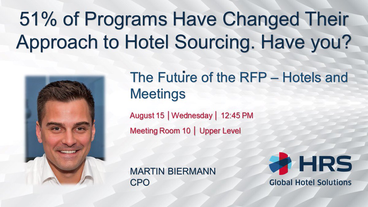 BrophNotes's tweet image. Corporations are tired of using 1990s processes to engage with hotel suppliers. Staying at #GBTA2018 thru Wednesday? Take in this informative session on the evolving hotel negotiation model, featuring @HRS_NAM exec Martin Biermann. @GlobalBTA
