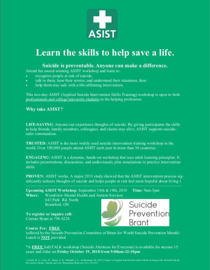 Stefimed17605's tweet photo. Check out this opportunity, A.S.I.S.T. training offered FREE in Brantford.  Anyone can experience thoughts of suicide. By giving participants the skills to help friends, family members, colleagues, and clients stay alive, ASIST supports suicide-safer communities. https://t.co/FQYxFNEuTV